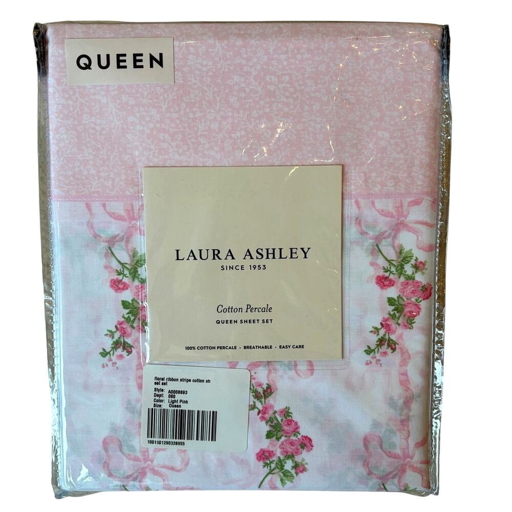 Laura Ashley Floral Ribbon Stripe Cotton QUEEN Sheet Set Pink White NEW